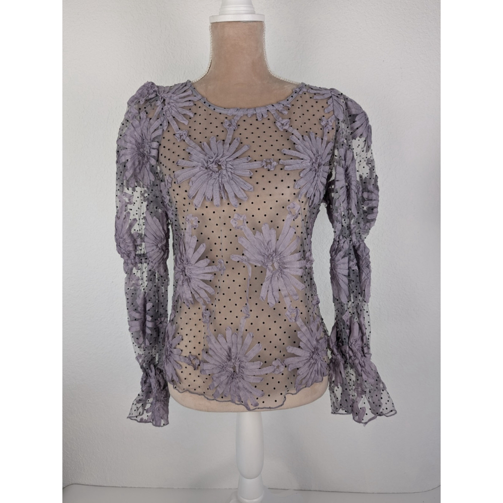 NWT ANTHROPOLOGIE Eva Franco Polka Dot Sheer Puff Sleeve Blouse Top Purple XS - Picture 2 of 9